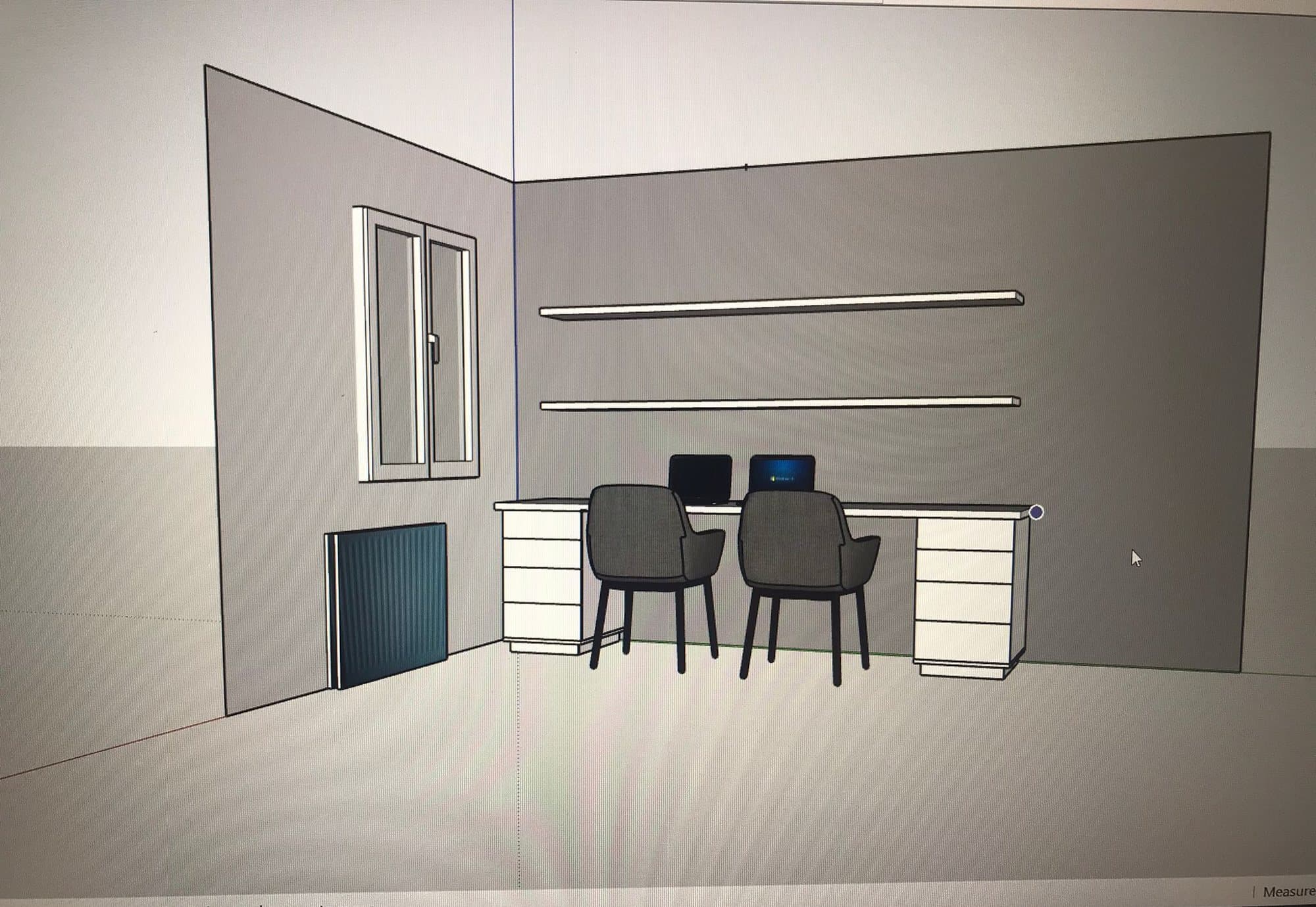 Proiect 3D al unui birou pentru două persoane, cu corpuri de sertare și polițe