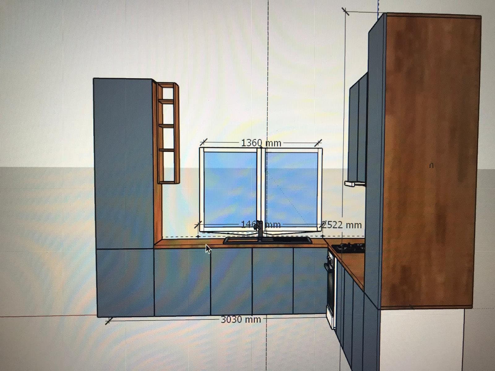 Proiect 3D, vedere frontală a peretelui cu fereastra, cote de 1360 mm și 3030 mm